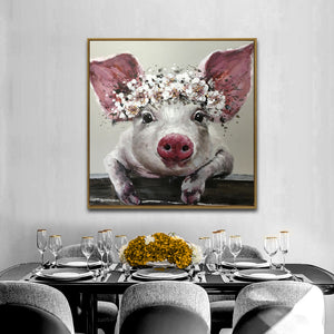 Wall art canvas framed print Penny the Pig 70 x 70cm.