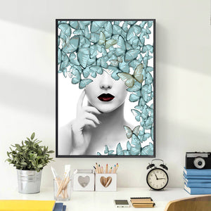 Wall art canvas framed print Woman with Butterflys  90 x 60cm.