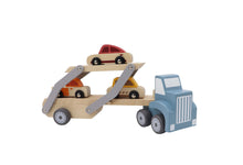 Load image into Gallery viewer, Car Carrier toy truck with movable tray and 3 wooden cars-Age: 18 M+
