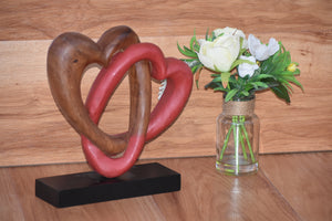 Heart Love Wood Carving Wood Sculpture Acacia Wooden Statue Heart in red 26cm