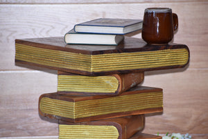 Side Table, corner Stool, Plant Stand Raintree Wood Natural Finish-Book Stack stool-Gold leaf Pages