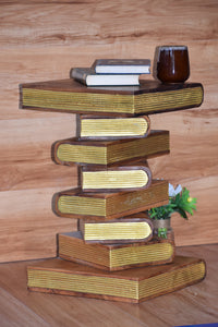 Side Table, corner Stool, Plant Stand Raintree Wood Natural Finish-Book Stack stool-Gold leaf Pages