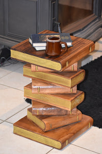 Side Table, corner Stool, Plant Stand Raintree Wood Natural Finish-Book Stack stool-Gold leaf Pages