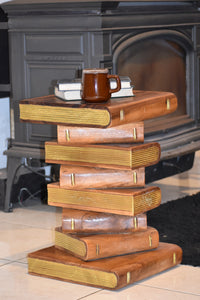 Side Table, corner Stool, Plant Stand Raintree Wood Natural Finish-Book Stack stool-Gold leaf Pages