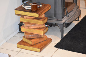 Side Table, corner Stool, Plant Stand Raintree Wood Natural Finish-Book Stack stool-Gold leaf Pages