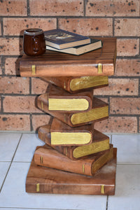 Side Table, corner Stool, Plant Stand Raintree Wood Natural Finish-Book Stack stool-Gold leaf Pages