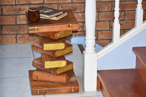 Side Table, corner Stool, Plant Stand Raintree Wood Natural Finish-Book Stack stool-Gold leaf Pages