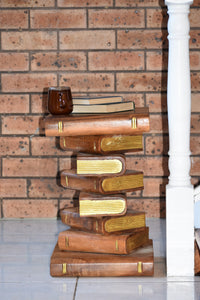 Side Table, corner Stool, Plant Stand Raintree Wood Natural Finish-Book Stack stool-Gold leaf Pages