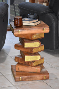 Side Table, corner Stool, Plant Stand Raintree Wood Natural Finish-Book Stack stool-Gold leaf Pages