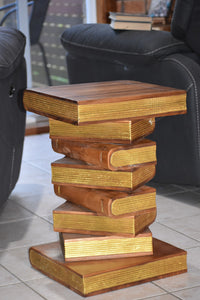 Side Table, corner Stool, Plant Stand Raintree Wood Natural Finish-Book Stack stool-Gold leaf Pages