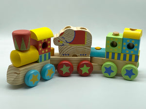 Wooden Block Puzzle Shapes Circus Elephant Stacking Train-12 shaped blocks.