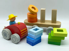 Load image into Gallery viewer, Kids wooden tractor toy with stacking shapes
