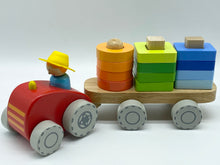 Load image into Gallery viewer, Kids wooden tractor toy with stacking shapes
