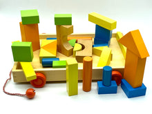 Load image into Gallery viewer, Wooden building puzzle blocks qty 33 in wood tray for toddlers with wheels and pull along handle
