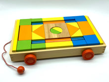Load image into Gallery viewer, Wooden building puzzle blocks qty 33 in wood tray for toddlers with wheels and pull along handle
