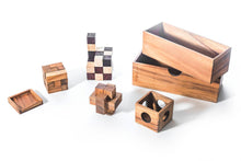 Load image into Gallery viewer, 3 individual brainteaser wooden puzzles in a gift wooden box
