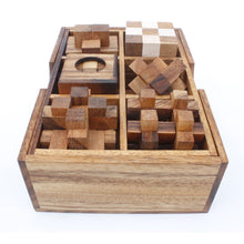 Load image into Gallery viewer, 6 unique hand made wooden Puzzles in a Deluxe Gift Box Set-for kids or adults.
