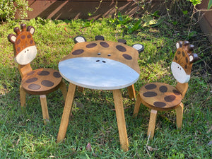 Kids Wooden Table + 2 Chairs Set Giraffe Design Carved Timber Children Furniture