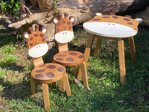 Kids Wooden Table + 2 Chairs Set Giraffe Design Carved Timber Children Furniture