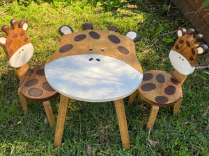 Kids Wooden Table + 2 Chairs Set Giraffe Design Carved Timber Children Furniture