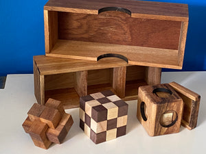 3 puzzles Brain teaser in a gift wooden box.