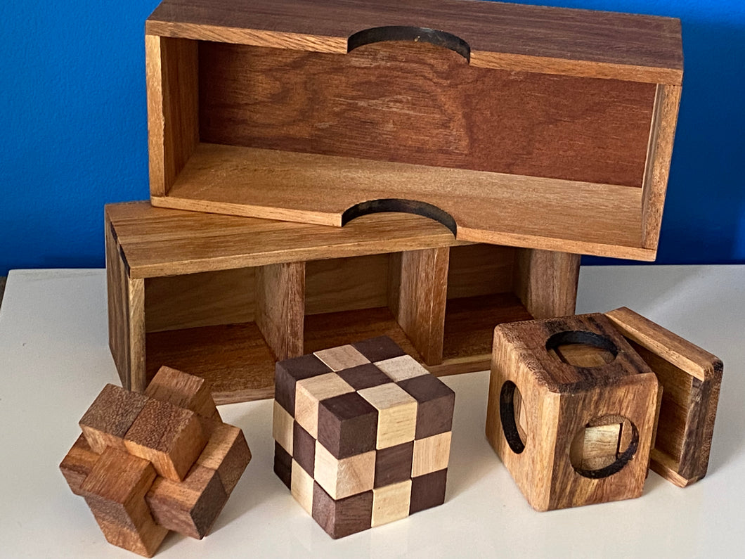 3 puzzles Brain teaser in a gift wooden box.