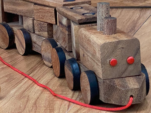 Wooden Train 3 carriages 20 wooden puzzle shapes with pull along string