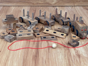Wooden Train 3 carriages 20 wooden puzzle shapes with pull along string