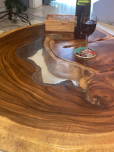 Load image into Gallery viewer, Coffee Table, Round wood large  112 cm across 91cm width and 9 cm thick, glass inlay feature
