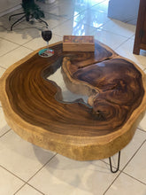 Load image into Gallery viewer, Coffee Table, Round wood large  112 cm across 91cm width and 9 cm thick, glass inlay feature
