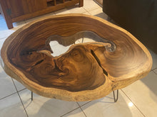 Load image into Gallery viewer, Coffee Table, Round wood large  112 cm across 91cm width and 9 cm thick, glass inlay feature
