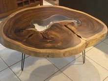 Load image into Gallery viewer, Coffee Table, Round wood large  112 cm across 91cm width and 9 cm thick, glass inlay feature
