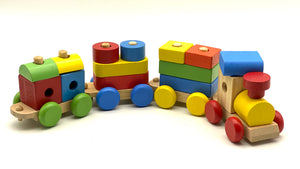 Wooden Train Toy with Puzzle Shapes for building and Stacking_By Luckytree.