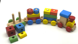 Wooden Train Toy with Puzzle Shapes for building and Stacking_By Luckytree.