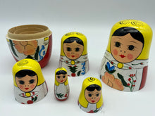 Load image into Gallery viewer, Wooden Nesting Dolls 5 pcs in red and yellow.
