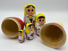 Load image into Gallery viewer, Wooden Nesting Dolls 5 pcs in red and yellow.
