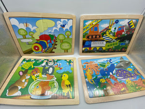 Set of 4 puzzles-construction train, sea life, garden party