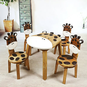 Kids Wooden Table + 2 Chairs Set Giraffe Design Carved Timber Children Furniture