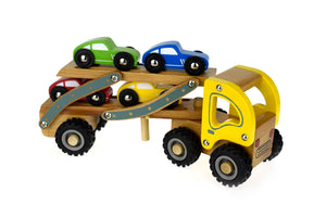 Kids Wooden Car Carrier Truck Toy (Beech Wood) 6 Rubber Wheels movable tray and cars-Age: 18 M+.