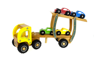 Kids Wooden Car Carrier Truck Toy (Beech Wood) 6 Rubber Wheels movable tray and cars-Age: 18 M+.