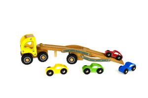 Kids Wooden Car Carrier Truck Toy (Beech Wood) 6 Rubber Wheels movable tray and cars-Age: 18 M+.