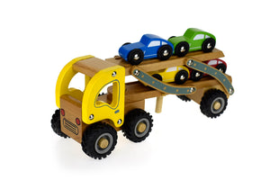 Kids Wooden Car Carrier Truck Toy (Beech Wood) 6 Rubber Wheels movable tray and cars-Age: 18 M+.