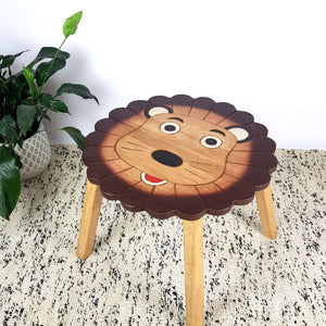 Kids Wooden Table + 2 Chairs Set Lion Design Carved Timber Children Furniture