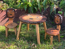 Load image into Gallery viewer, Kids Wooden Table + 2 Chairs Set Lion Design Carved Timber Children Furniture
