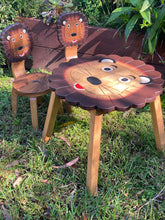 Load image into Gallery viewer, Kids Wooden Table + 2 Chairs Set Lion Design Carved Timber Children Furniture
