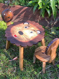 Kids Wooden Table + 2 Chairs Set Lion Design Carved Timber Children Furniture