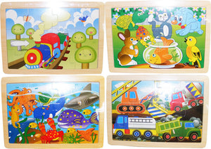 Set of 4 puzzles-construction train, sea life, garden party