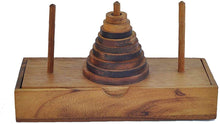 Load image into Gallery viewer, Pagoda 9 ring brain teaser puzzle, wood, handmade 3D puzzle-arrange rings on end column to solve
