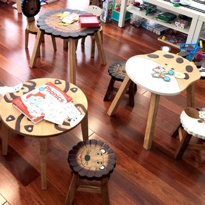 Kids Wooden LION Table + 2 animal stools complete set -hand carved Timber Children Furniture.