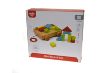 Load image into Gallery viewer, Small Mini sized Wooden building puzzle blocks qty 20 in wood tray for toddlers with wheels and pull along handle
